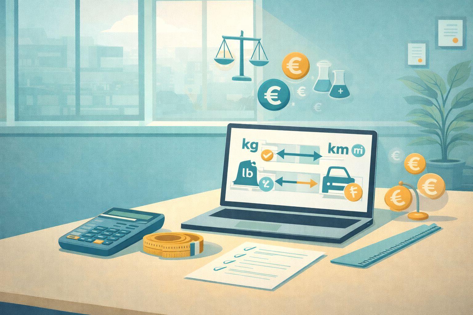 Umrechnungstools mit Symbolen fuer Laenge, Gewicht, Temperatur und Waehrung