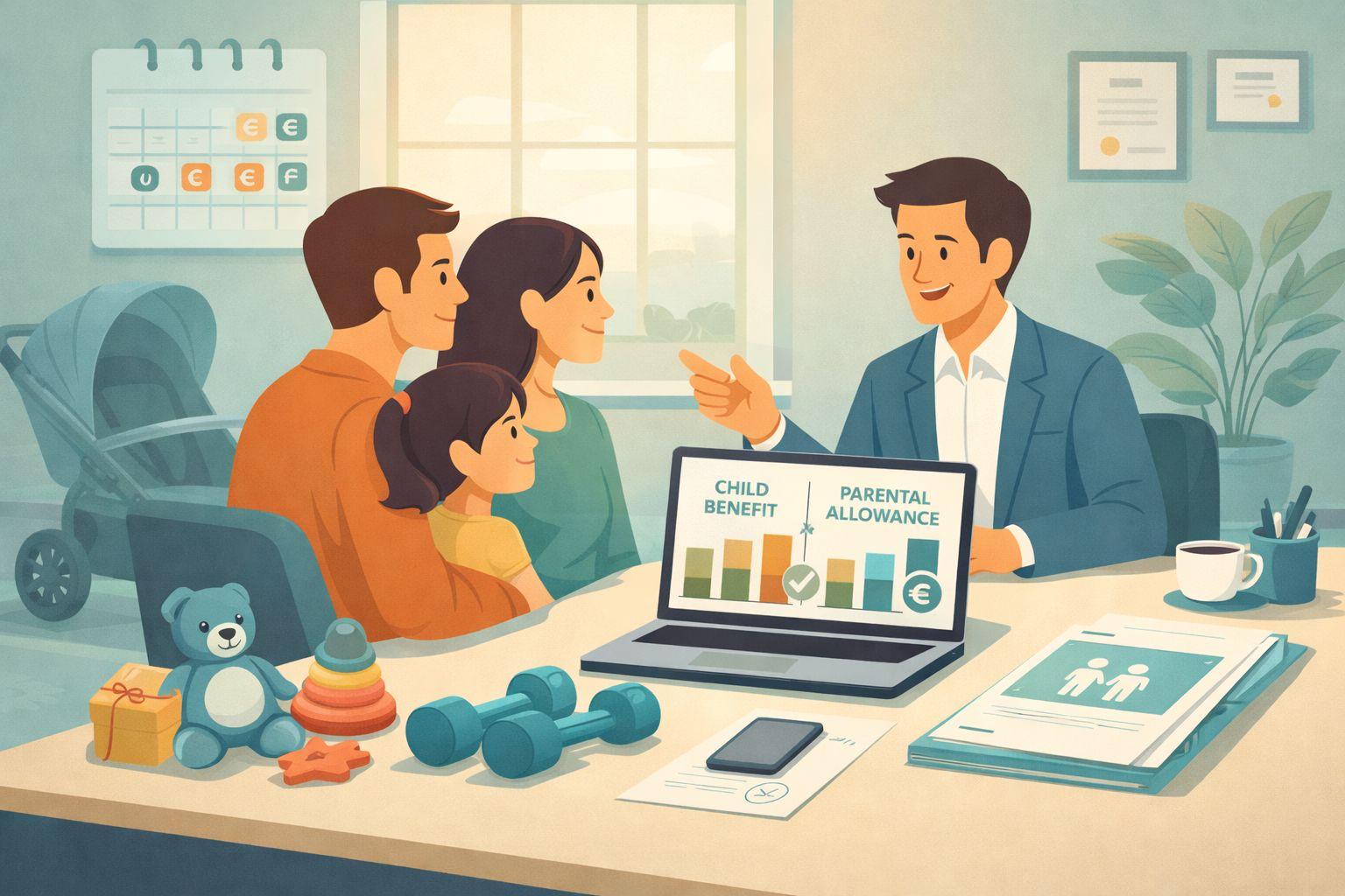 Familienberatung mit Kindersymbolen, Budgetdiagrammen und Kalenderdaten