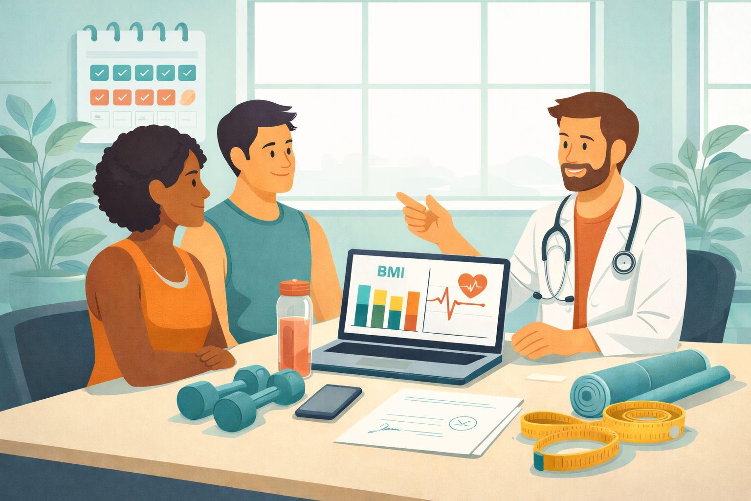 Fitness- und Gesundheitsberatung mit Diagrammen, Herzsymbol und Trainings-Icons