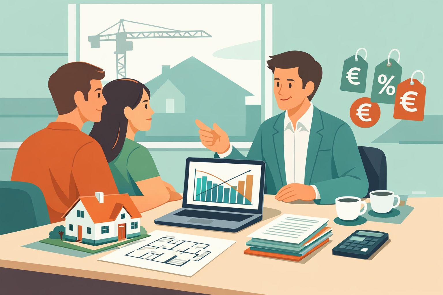 Beratung zur Baufinanzierung mit Hausmodell, Charts und Vertragsunterlagen