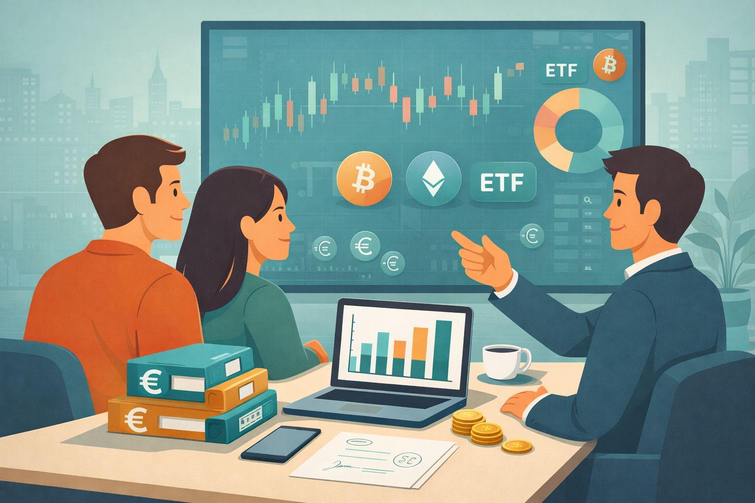 Investmentberatung mit Charts, Coins und Aktien-Symbolen