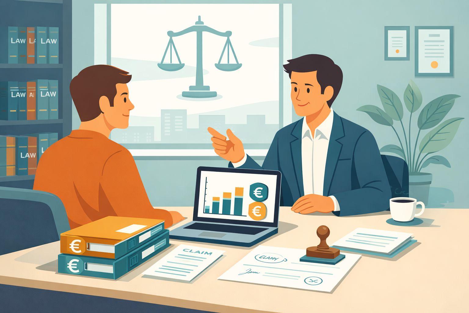 Rechtsberatung mit Waage-Symbolen, Vertragsunterlagen und Ausgleichszahlungen