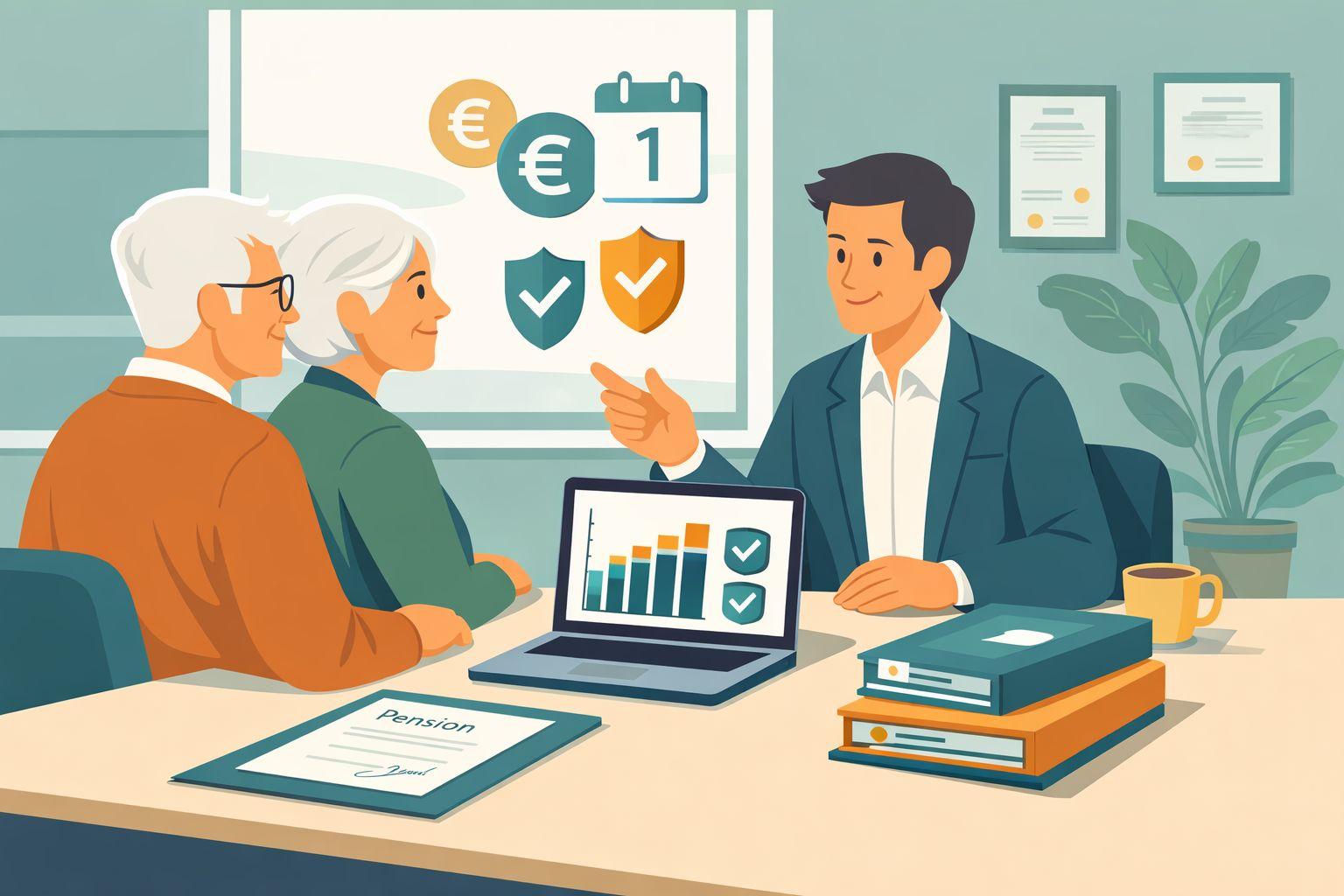 Beratung zu Rente und Versicherungen mit Diagrammen und Formularen